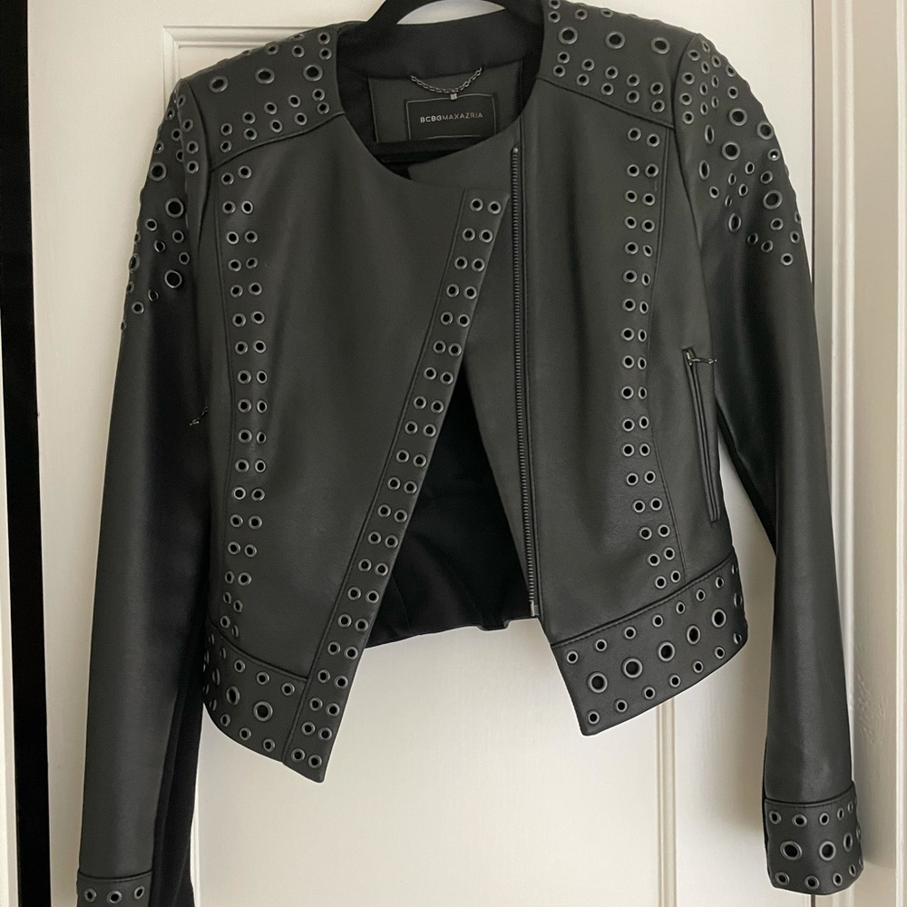 BCBG black faux leather jacket